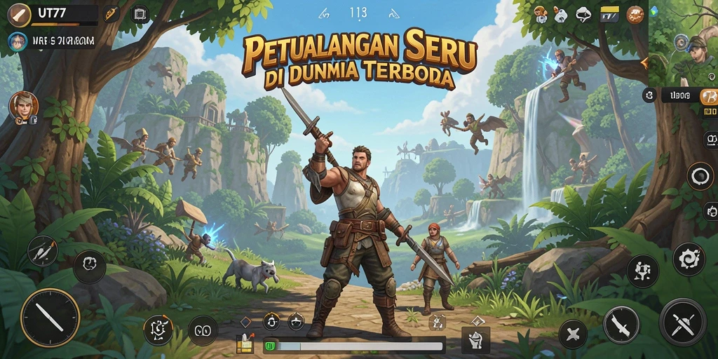 Tangkapan layar utama UT77 menampilkan momen eksplorasi seru dalam dunia terbuka.